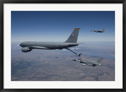 Framed Two F-16 Fighting Falcons Conduct Aerial Refueling with KC-135 Stratotanker Print