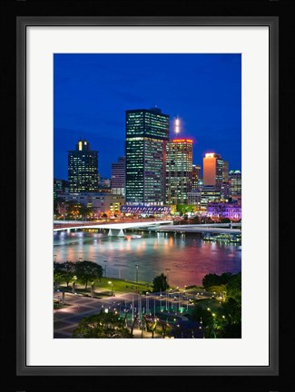 Framed Australia, Queensland, Brisbane, City Skyline  at night Print