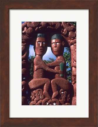 Framed Native Maori, Wooden Tribal Statue, Maori Arts and Crafts Institute, New Zealand Print