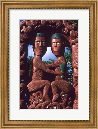 Framed Native Maori, Wooden Tribal Statue, Maori Arts and Crafts Institute, New Zealand Print