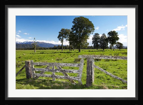 Framed Gate and Farmland near Fox Glacier, West Coast, South Island, New Zealand Print