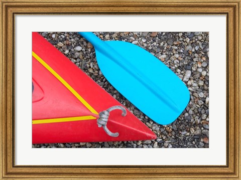 Framed Detail of Red Kayak and Blue Paddle Print