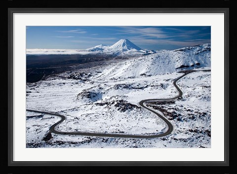 Framed Bruce Road up Mt Ruapehu, and Mt Ngauruhoe, Tongariro National Park, North Island, New Zealand Print