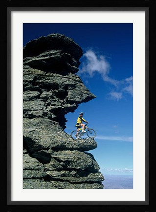 Framed Mountain Biker and Rock Tor, Dunstan Mountains, Central Otago Print