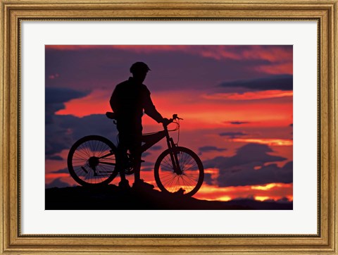 Framed Mountain Biker and Sunset, Dunstan Mountains, Central Otago Print