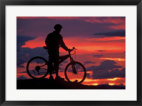Framed Mountain Biker and Sunset, Dunstan Mountains, Central Otago Print