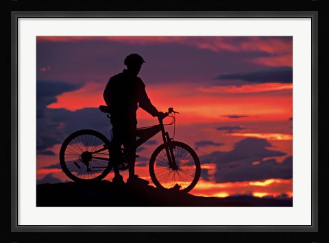 Framed Mountain Biker and Sunset, Dunstan Mountains, Central Otago Print
