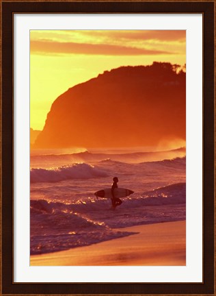 Framed Surfer at Sunset, St Kilda Beach, Dunedin, New Zealand Print