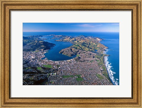 Framed Otago Harbor and Otago Peninsula, Dunedin City, New Zealand Print