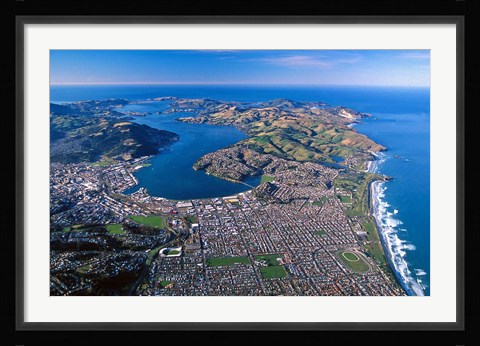 Framed Otago Harbor and Otago Peninsula, Dunedin City, New Zealand Print