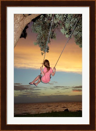 Framed Girl, Rope Swing, Family Fun, Thames, New Zealand Print