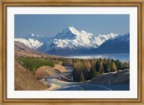 Framed Road to Aoraki Mount Cook, Mackenzie Country, South Canterbury, South Island, New Zealand Print