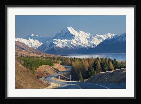 Framed Road to Aoraki Mount Cook, Mackenzie Country, South Canterbury, South Island, New Zealand Print