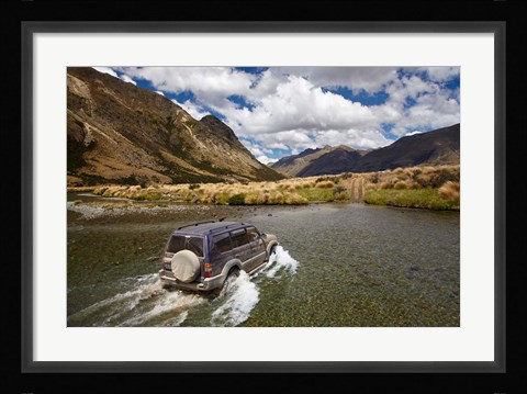 Framed 4WD crossing Mararoa River, Mavora Lakes, Southland, South Island, New Zealand Print
