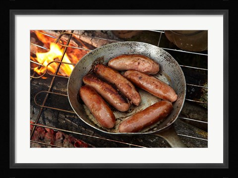 Framed Cuisine, Sausages on campfire, South Island, New Zealand Print