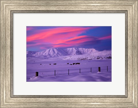 Framed Sunset over Hawkdun Range and farmland, Maniototo, Otago, New Zealand Print