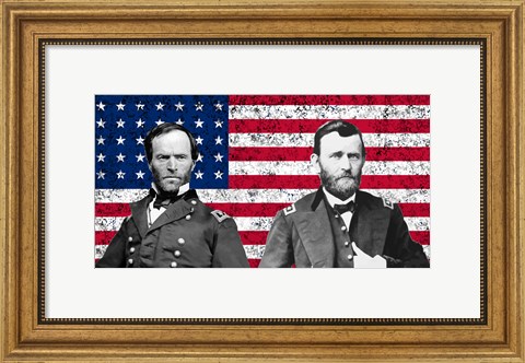 Framed General Sherman and General Ulysses S Grant with American Flag Print