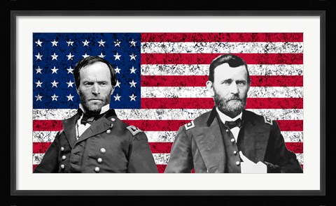 Framed General Sherman and General Ulysses S Grant with American Flag Print