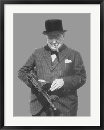 Framed Sir Winston Churchill with a Tommy Gun Print