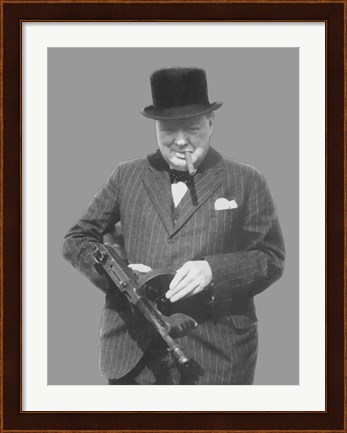 Framed Sir Winston Churchill with a Tommy Gun Print