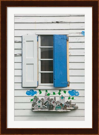 Framed Beach House Blue shutters, Loyalist Cays, Bahamas, Caribbean Print