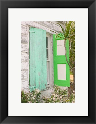 Framed Beach House Green shutters, Loyalist Cays, Bahamas, Caribbean Print