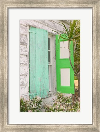 Framed Beach House Green shutters, Loyalist Cays, Bahamas, Caribbean Print