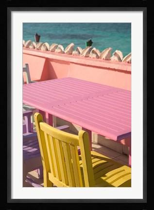 Framed Colorful Cafe Chairs at Compass Point Resort, Gambier, Bahamas, Caribbean Print