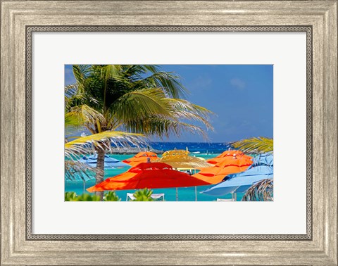 Framed Umbrellas and Shade at Castaway Cay, Bahamas, Caribbean Print
