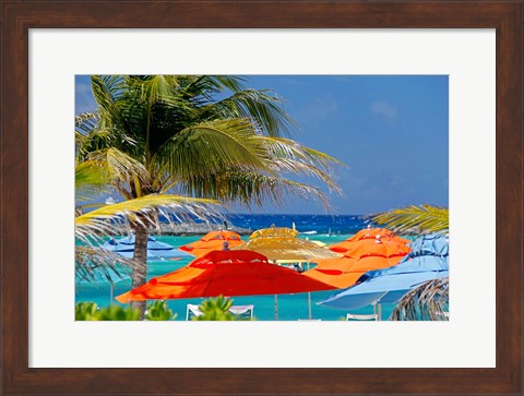 Framed Umbrellas and Shade at Castaway Cay, Bahamas, Caribbean Print