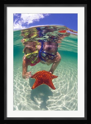 Framed Snorkeling in the Blue Waters of the Bahamas Print