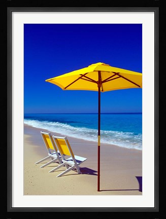 Framed Yellow Chairs and Umbrella on Pristine Beach, Caribbean Print