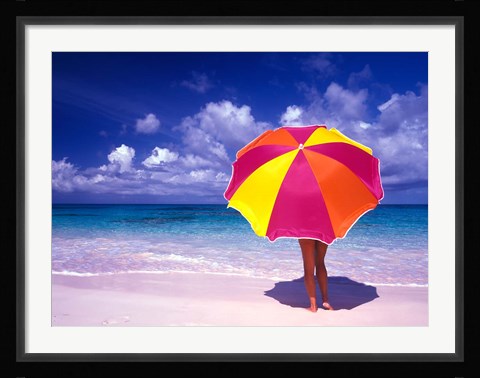 Framed Female Holding a Colorful Beach Umbrella on Harbour Island, Bahamas Print
