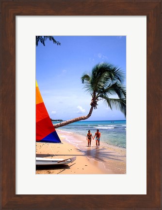 Framed Couple on Beach with Sailboat and Palm Tree, Barbados Print