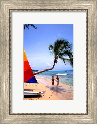Framed Couple on Beach with Sailboat and Palm Tree, Barbados Print