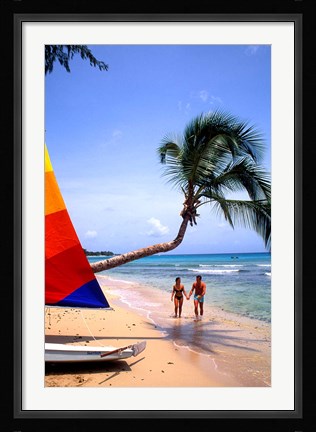 Framed Couple on Beach with Sailboat and Palm Tree, Barbados Print