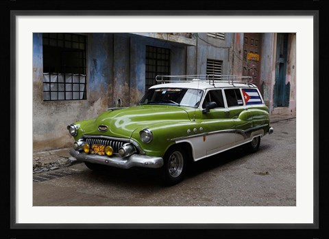 Framed 1950's era antique car and street scene from Old Havana, Havana, Cuba Print