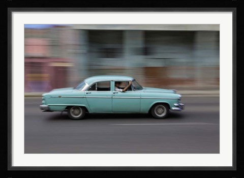 Framed 1950's era car in motion, Havana, Cuba Print