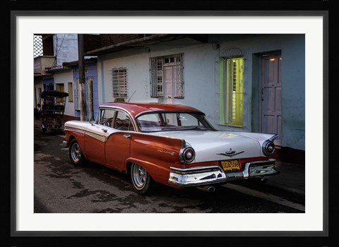 Framed 1950's era Ford Fairlane and colorful buildings, Trinidad, Cuba Print