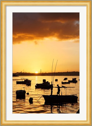 Framed Boats silhouetted at sunrise, Havana Harbor, Cuba Print