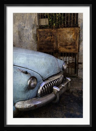 Framed Front of 1950's era car in front of gate, Havana, Cuba Print
