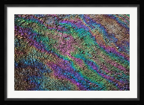 Framed Motor oil creating rainbow pattern on pavement, Havana, Cuba Print