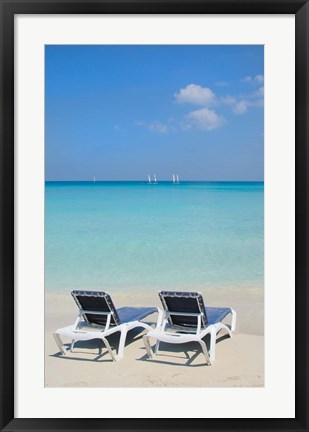 Framed Sand and beach chairs await tourists, Varadero, Cuba Print