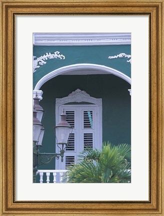 Framed Green Building and Detail, Willemstad, Curacao, Caribbean Print
