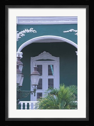 Framed Green Building and Detail, Willemstad, Curacao, Caribbean Print