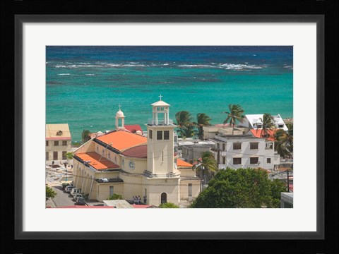 Framed Town View and Church on Marie-Galante Island, Guadaloupe, Caribbean Print