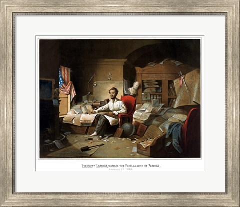 Framed President Lincoln Writing the Emancipation Proclamation Print