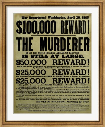 Framed Reward Poster - Murderer of Abraham Lincoln Print