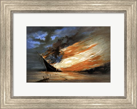 Framed Vintage Civil War painting Warship Burning Print