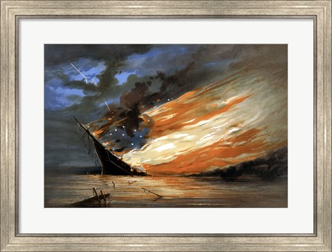 Framed Vintage Civil War painting Warship Burning Print